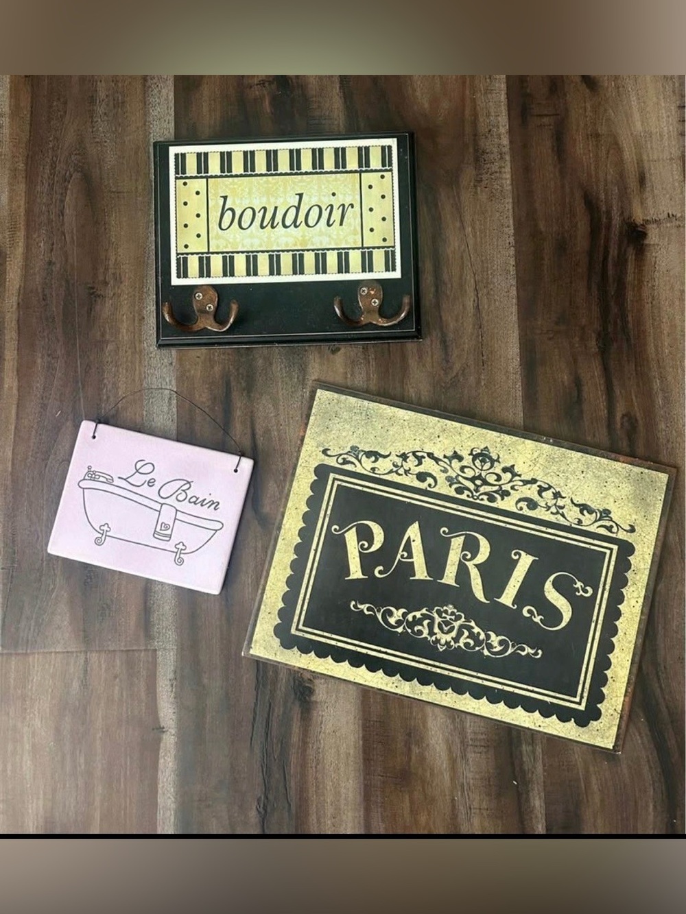 Boudoir & Paris Wall Signs Set - Black and Cream with Pink Accent